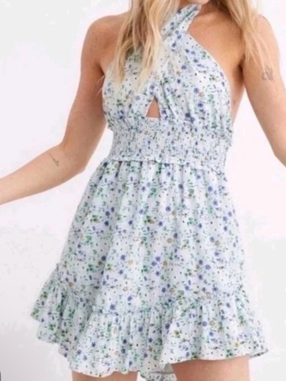 Aerie Spring Fling Blue Floral Halter Mini Dress Medium Smocked Open Back